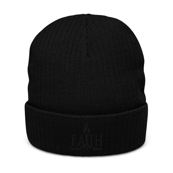 (FAITH) Ribbed Knit Beanie Hat - Black on Black Logo